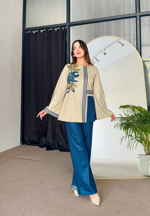 Beige Blue Woollen Coord Set